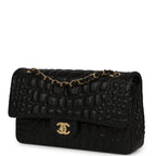 Medium Classic Croc Embossed Double Flap Bag Black Lambskin Gold Hardware