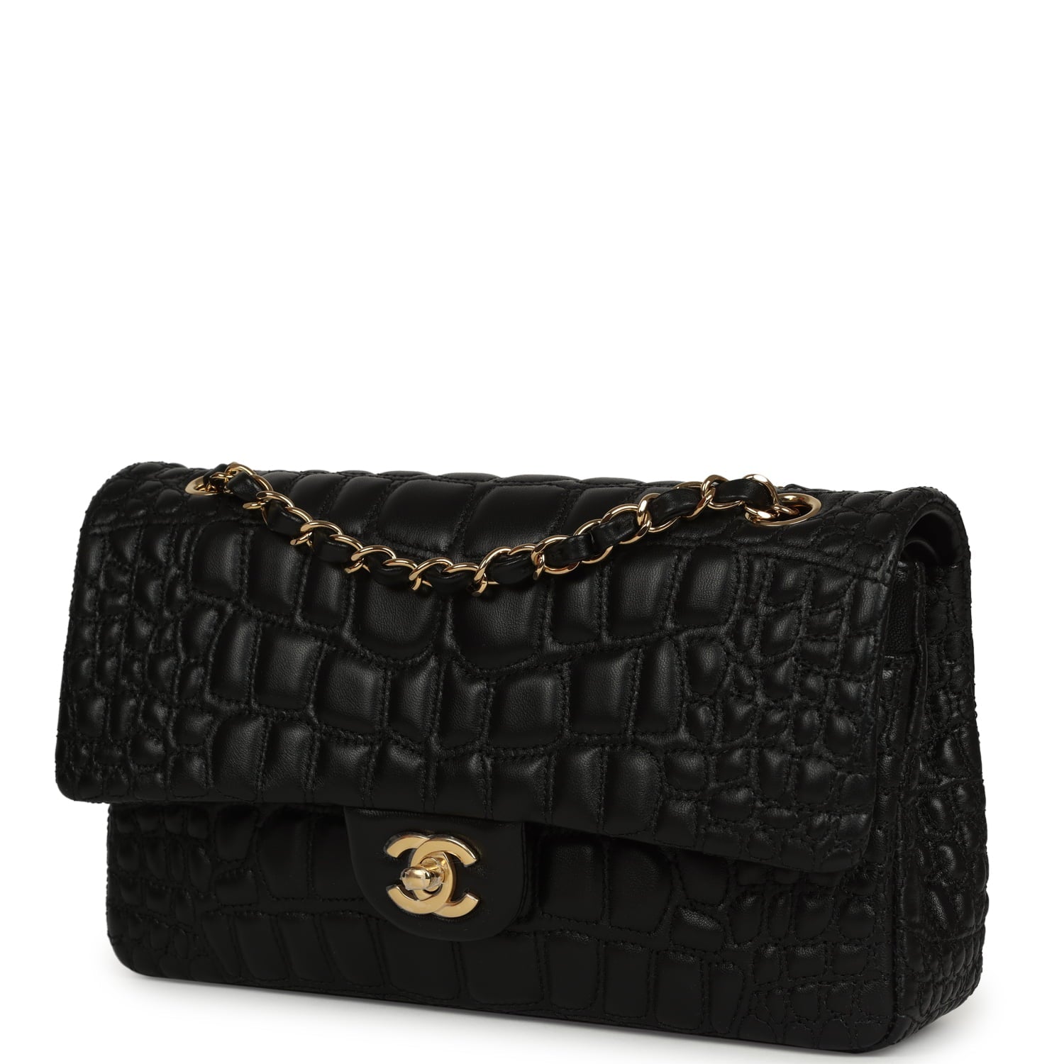 Medium Classic Croc Embossed Double Flap Bag Black Lambskin Gold Hardware