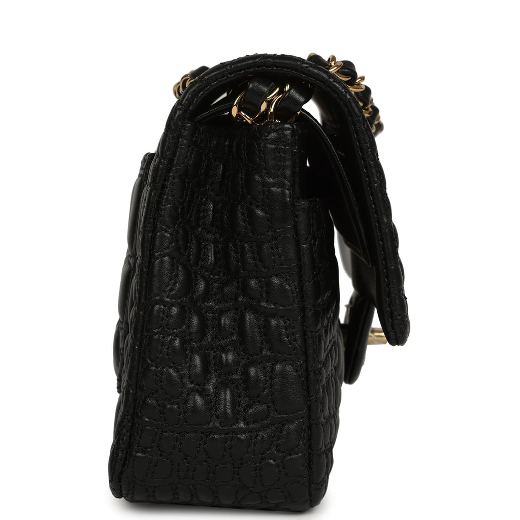 Medium Classic Croc Embossed Double Flap Bag Black Lambskin Gold Hardware