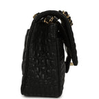 Medium Classic Croc Embossed Double Flap Bag Black Lambskin Gold Hardware