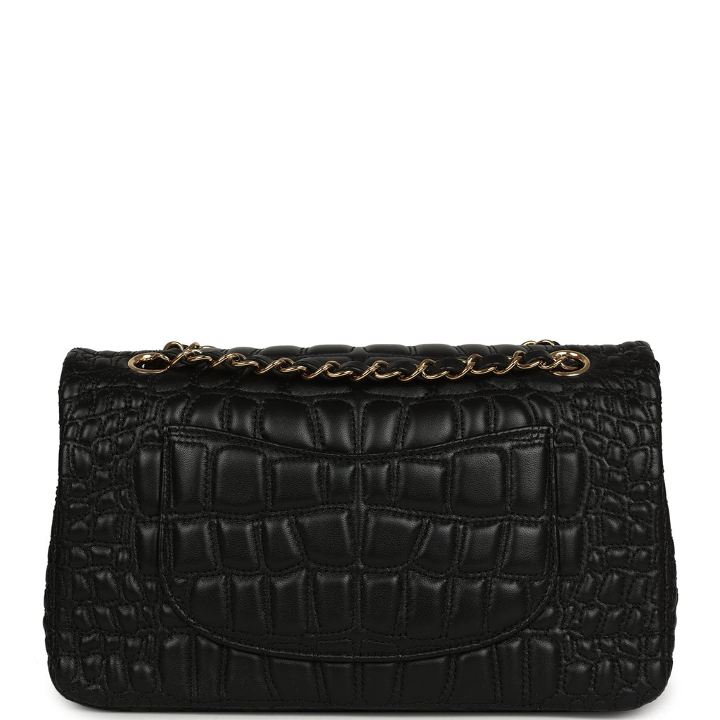 Medium Classic Croc Embossed Double Flap Bag Black Lambskin Gold Hardware