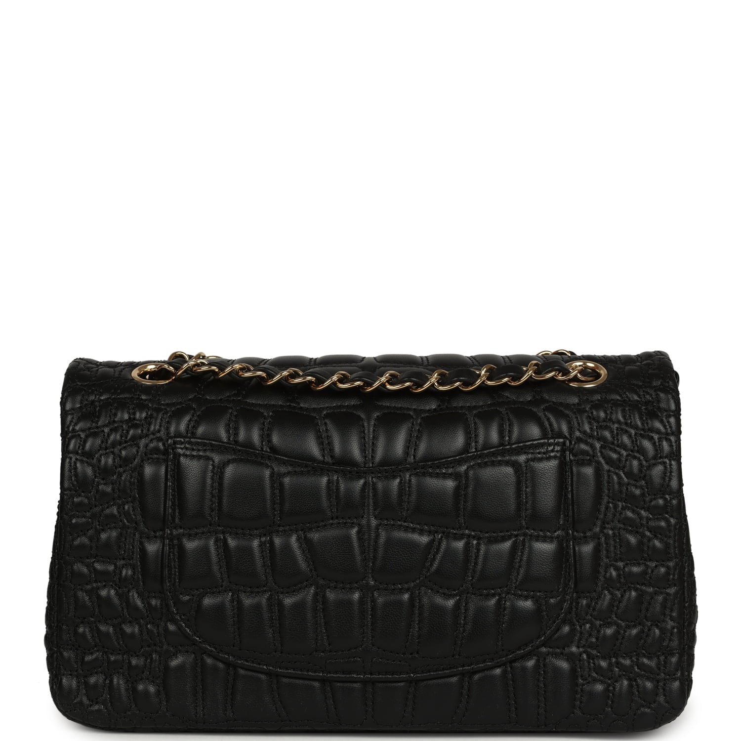 Medium Classic Croc Embossed Double Flap Bag Black Lambskin Gold Hardware