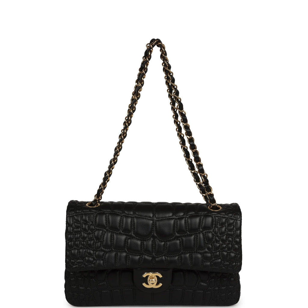 Medium Classic Croc Embossed Double Flap Bag Black Lambskin Gold Hardware