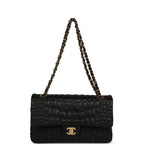 Medium Classic Croc Embossed Double Flap Bag Black Lambskin Gold Hardware