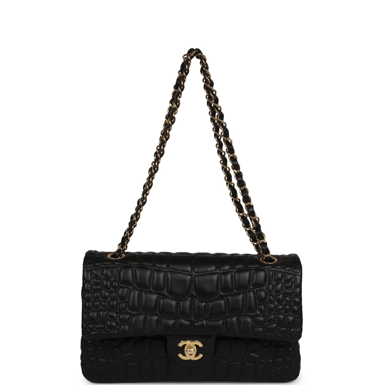 Medium Classic Croc Embossed Double Flap Bag Black Lambskin Gold Hardware