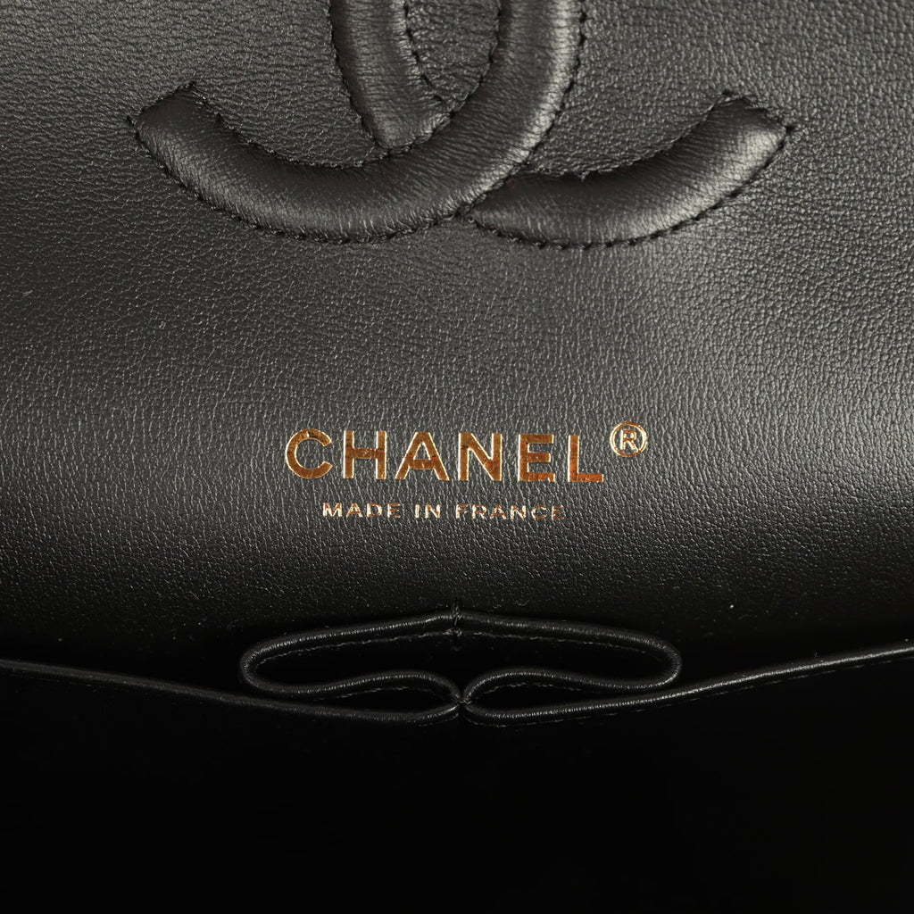 Medium Classic Croc Embossed Double Flap Bag Black Lambskin Gold Hardware