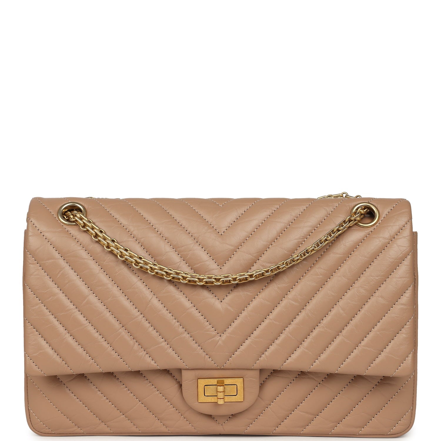 Medium Chevron Reissue 226 2.55 Double Flap Bag Beige Aged Calfskin Antique Gold Hardware