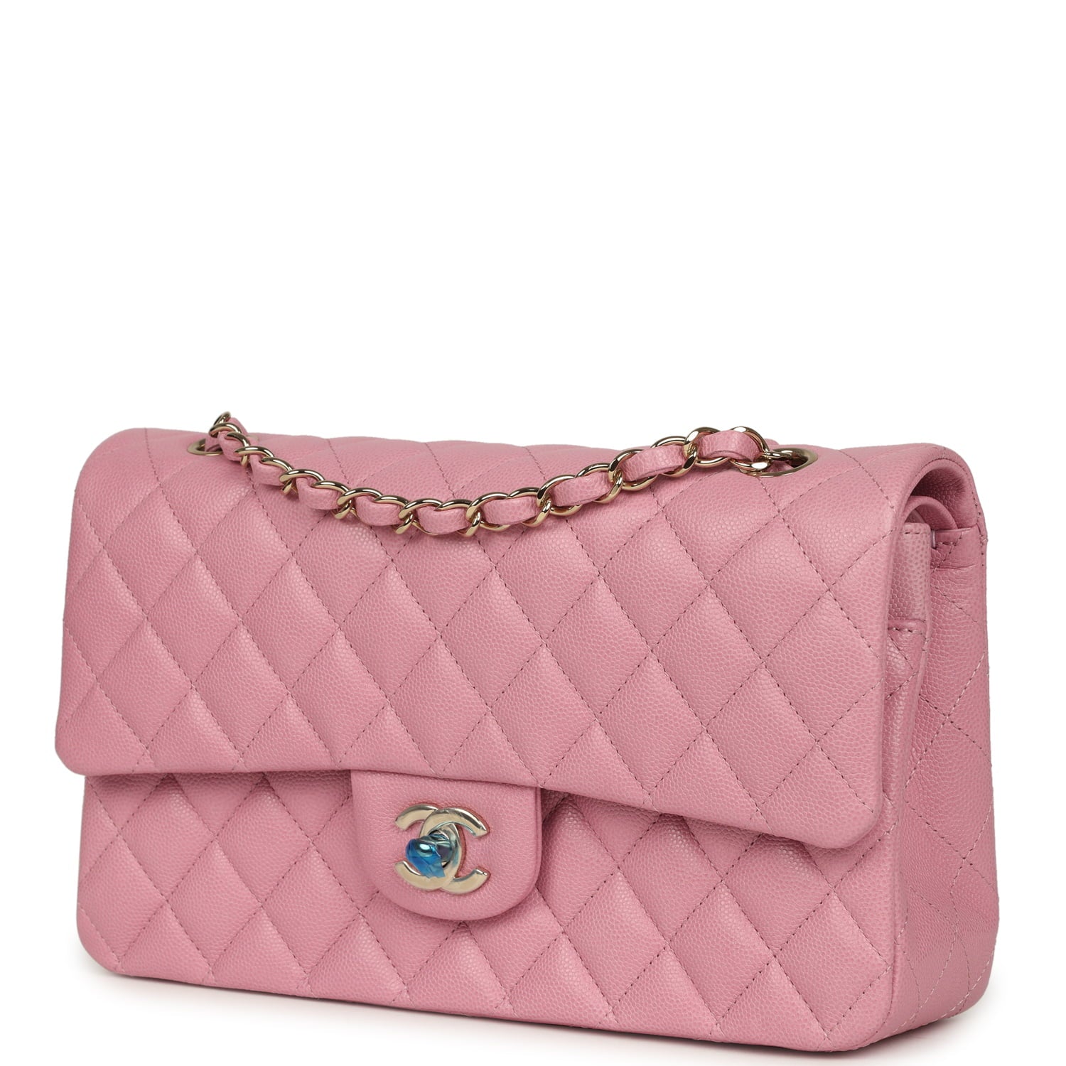 Medium Classic Double Flap Bag Pink Shiny Caviar Light Gold Hardware