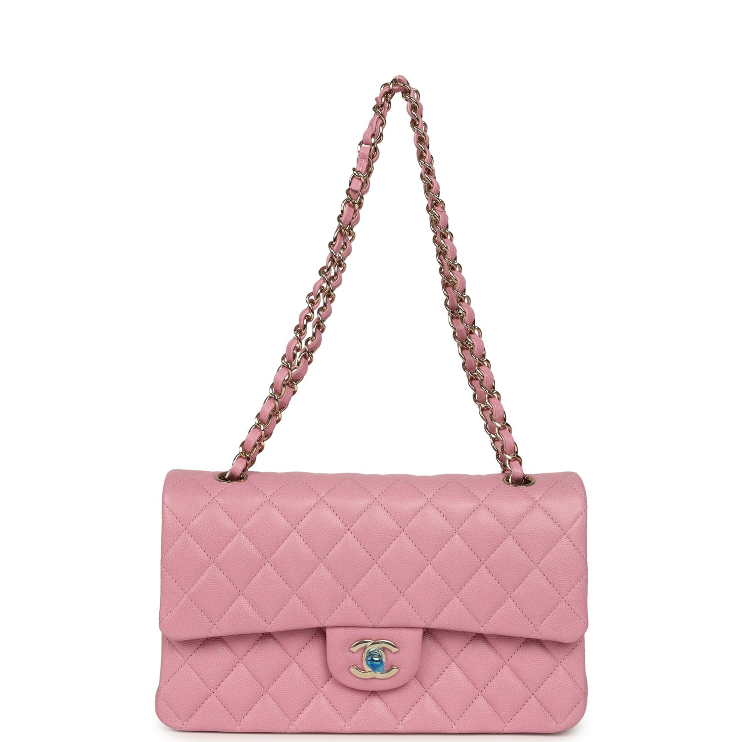 Medium Classic Double Flap Bag Pink Shiny Caviar Light Gold Hardware