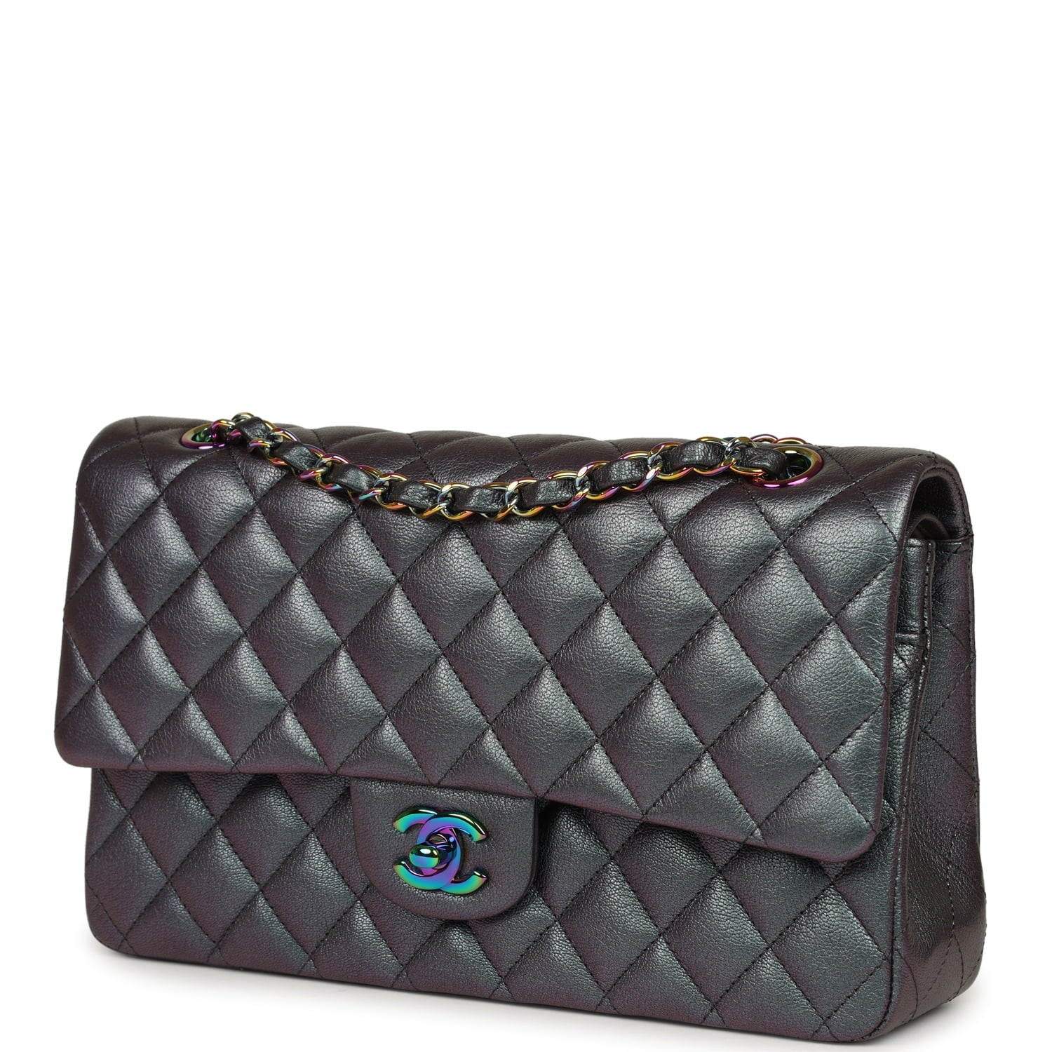 Medium Classic Double Flap Bag Iridescent Purple Goatskin Rainbow Hardware