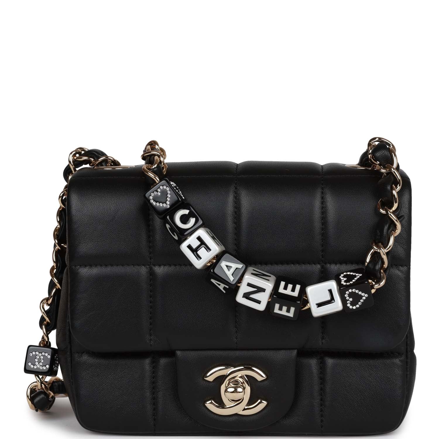 Monaco Mini Square Flap Bag Black Lambskin Light Gold Hardware