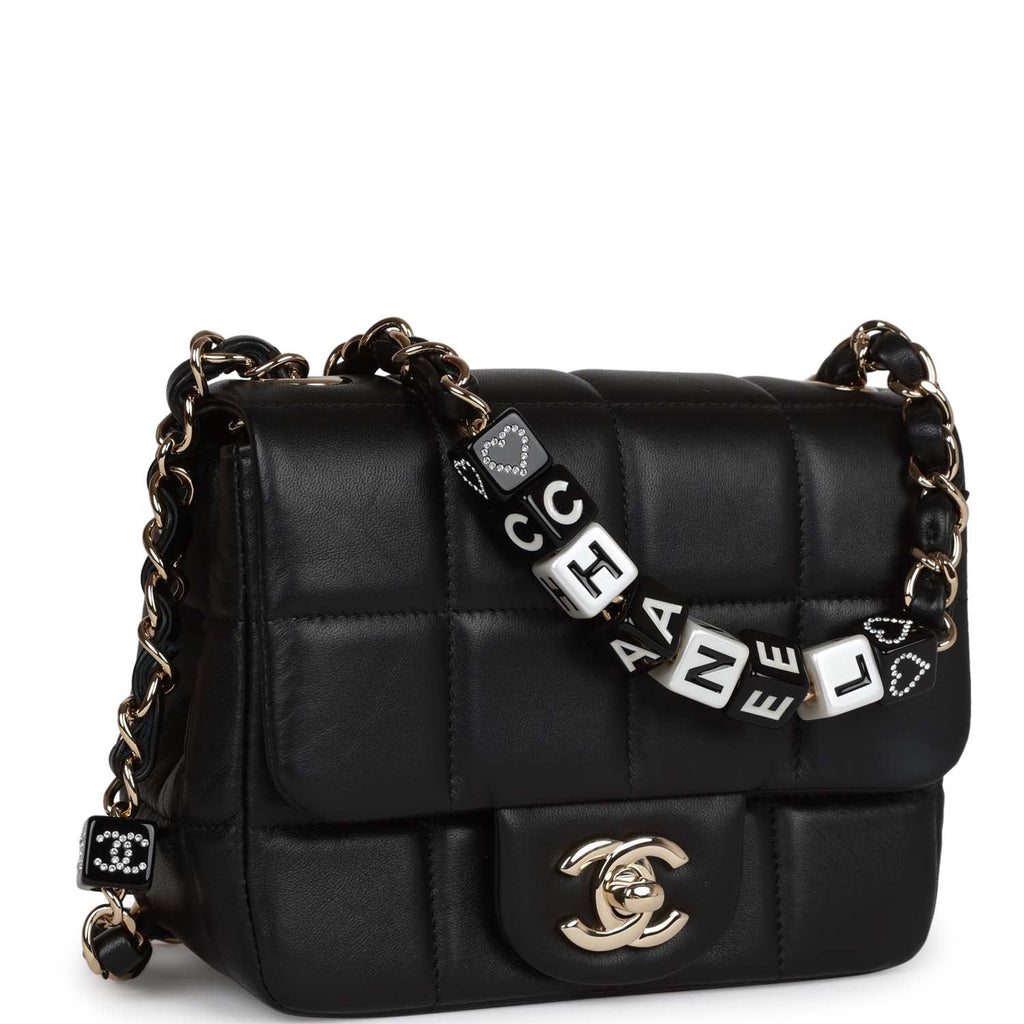 Monaco Mini Square Flap Bag Black Lambskin Light Gold Hardware
