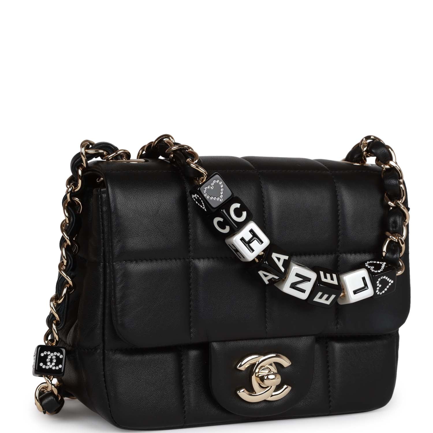 Monaco Mini Square Flap Bag Black Lambskin Light Gold Hardware