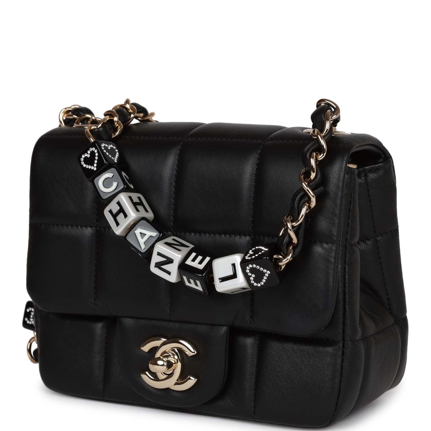 Monaco Mini Square Flap Bag Black Lambskin Light Gold Hardware