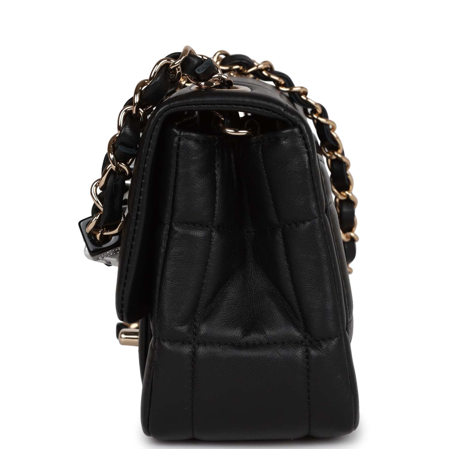 Monaco Mini Square Flap Bag Black Lambskin Light Gold Hardware