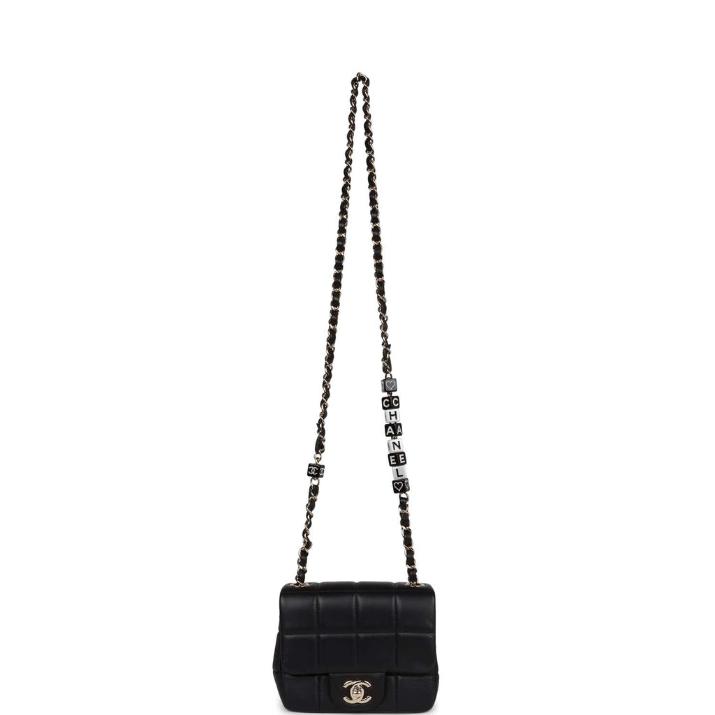 Monaco Mini Square Flap Bag Black Lambskin Light Gold Hardware