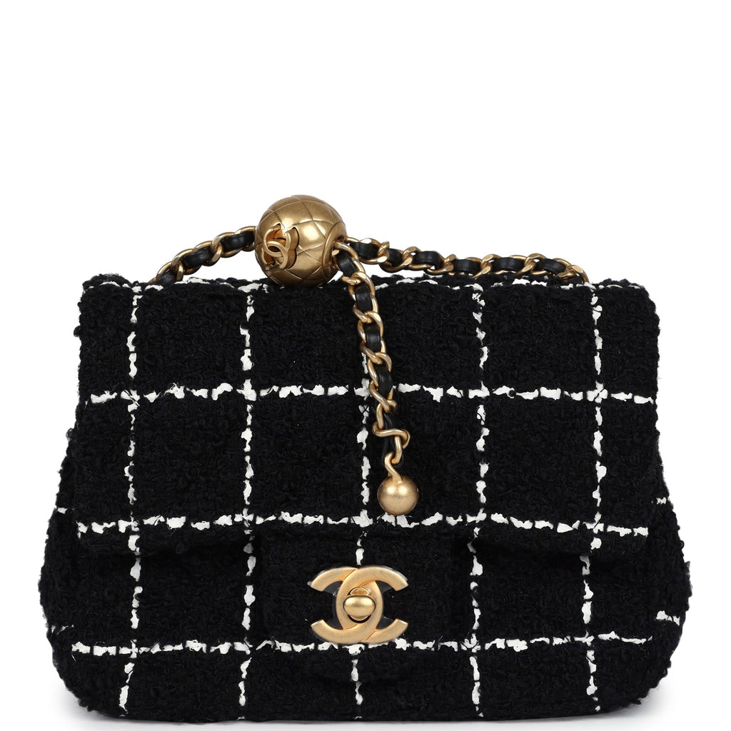 Mini Pearl Crush Square Flap Bag White and Black Tweed Antique Gold Hardware