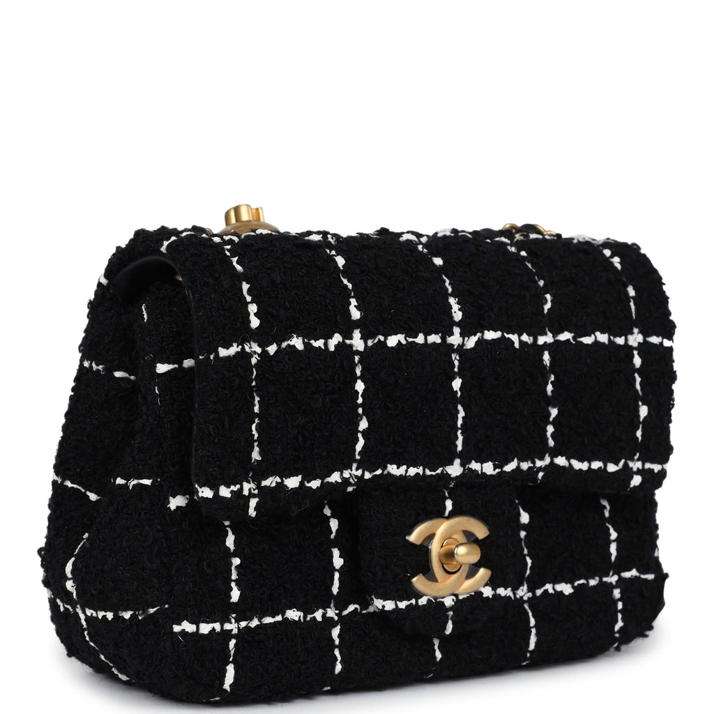 Mini Pearl Crush Square Flap Bag White and Black Tweed Antique Gold Hardware