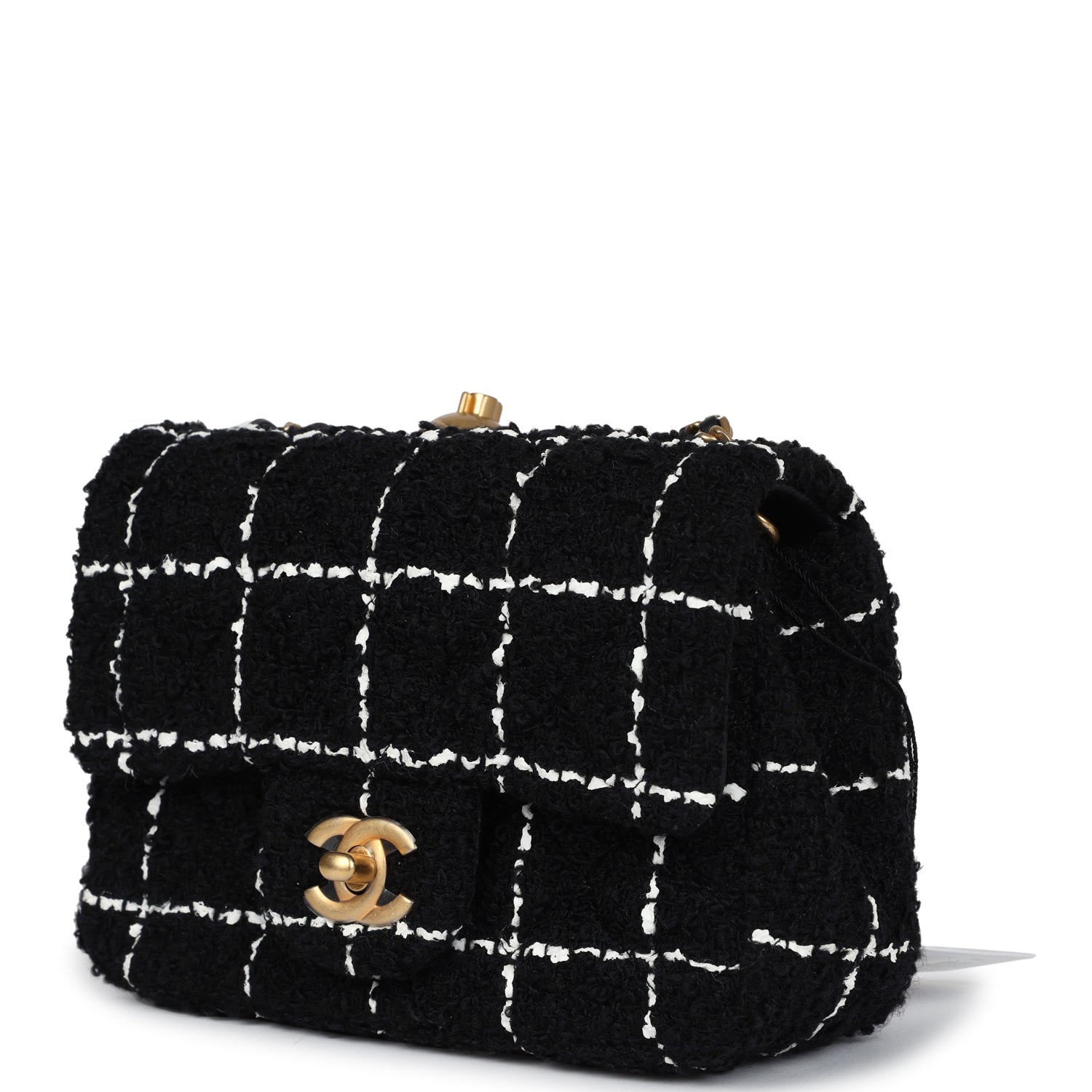 Mini Pearl Crush Square Flap Bag White and Black Tweed Antique Gold Hardware