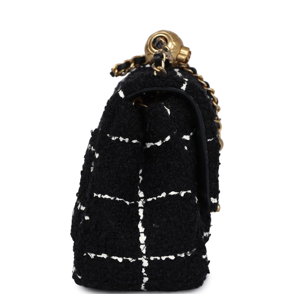 Mini Pearl Crush Square Flap Bag White and Black Tweed Antique Gold Hardware