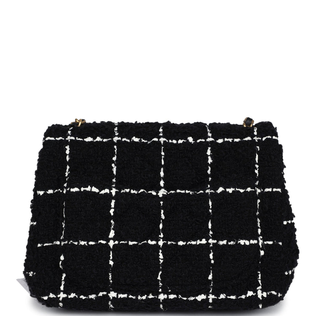 Mini Pearl Crush Square Flap Bag White and Black Tweed Antique Gold Hardware