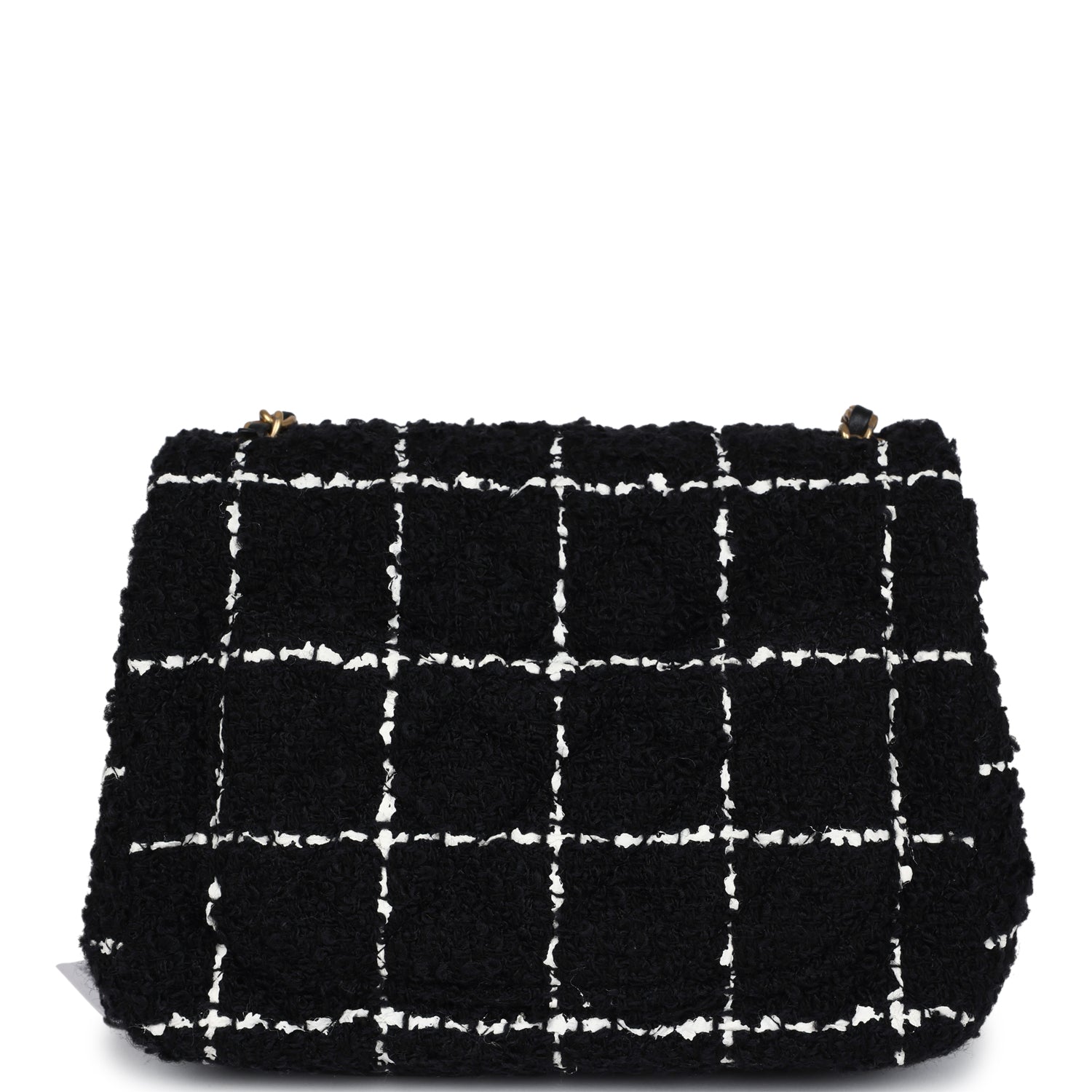 Mini Pearl Crush Square Flap Bag White and Black Tweed Antique Gold Hardware
