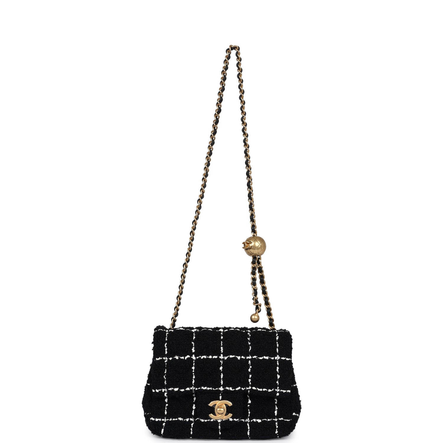 Mini Pearl Crush Square Flap Bag White and Black Tweed Antique Gold Hardware