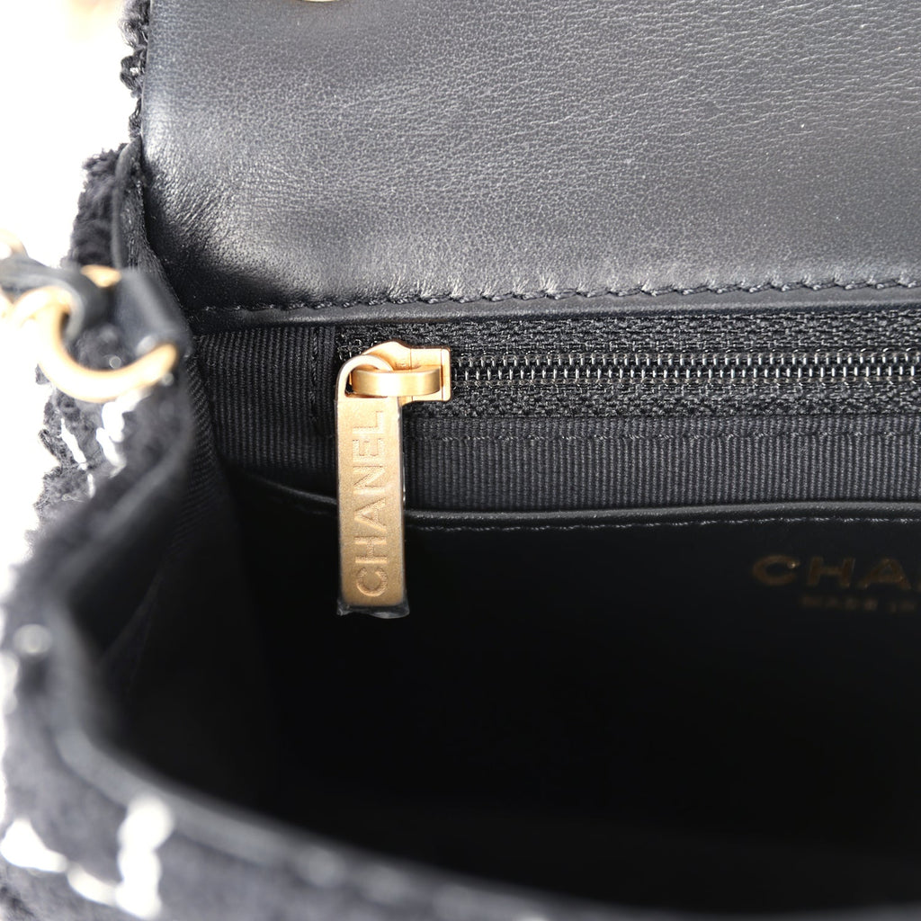 Mini Pearl Crush Square Flap Bag White and Black Tweed Antique Gold Hardware
