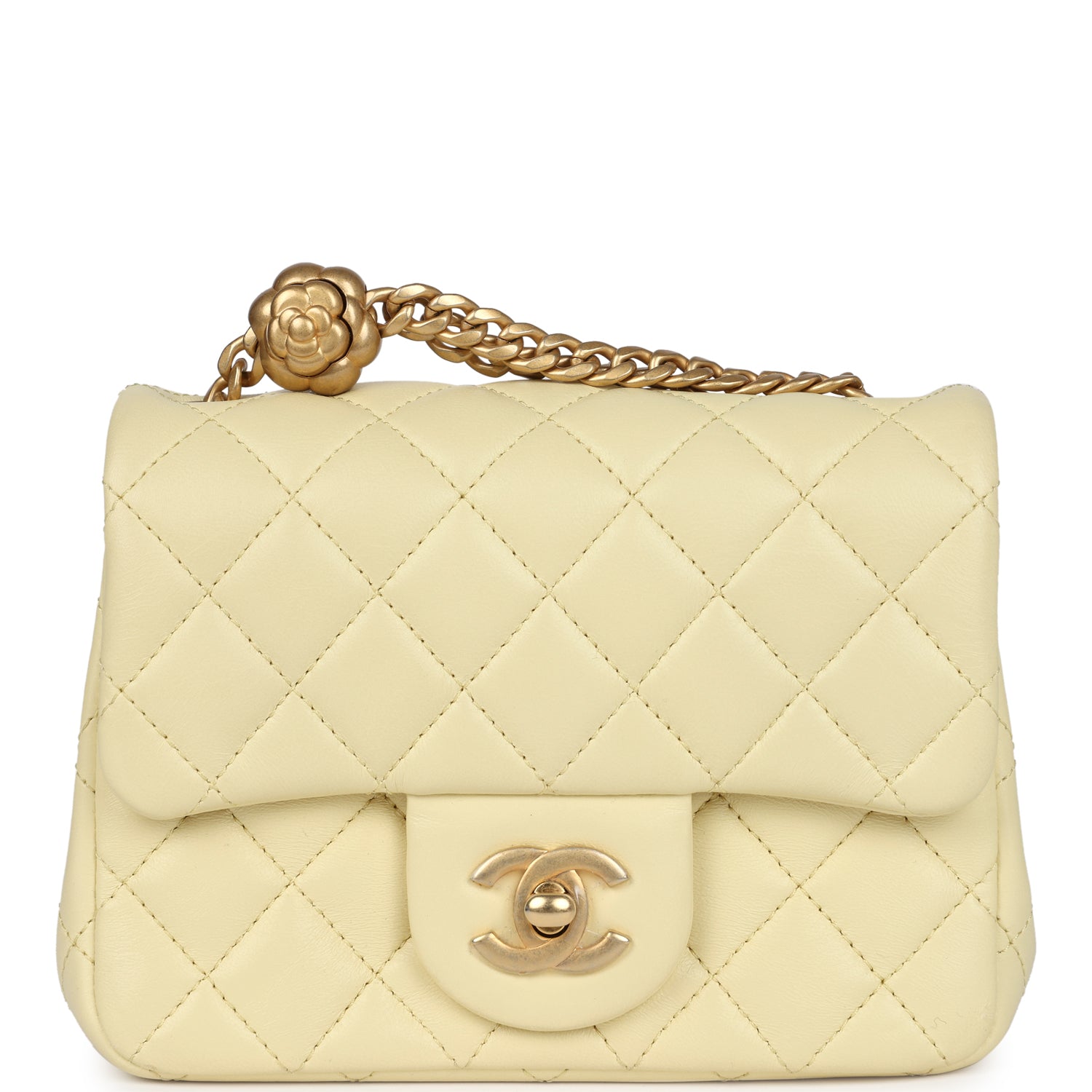 Mini Camellia Crush Square Flap Yellow Lambskin Antique Gold Hardware