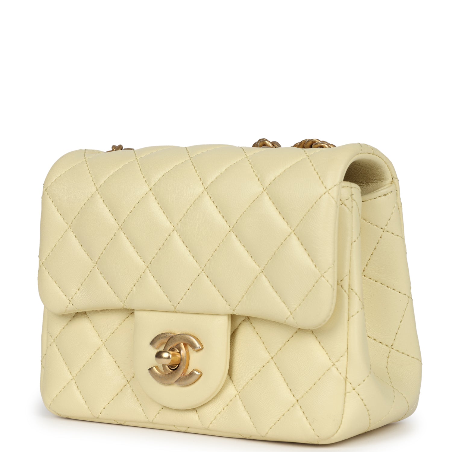 Mini Camellia Crush Square Flap Yellow Lambskin Antique Gold Hardware