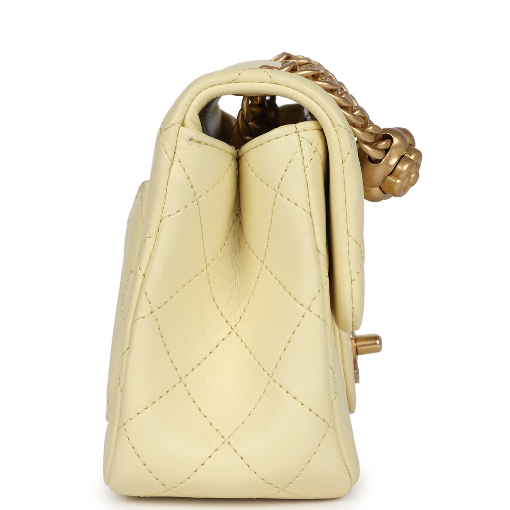 Mini Camellia Crush Square Flap Yellow Lambskin Antique Gold Hardware