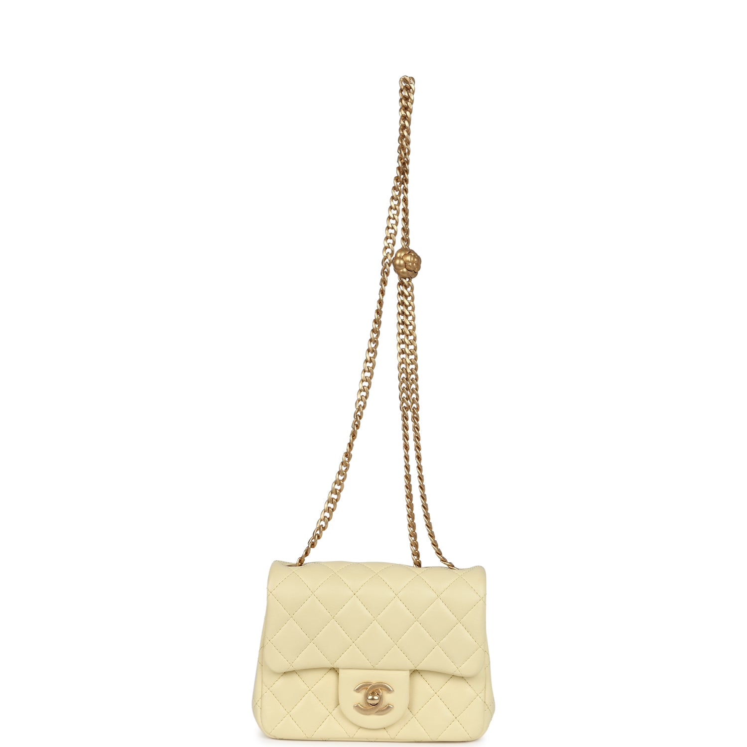 Mini Camellia Crush Square Flap Yellow Lambskin Antique Gold Hardware