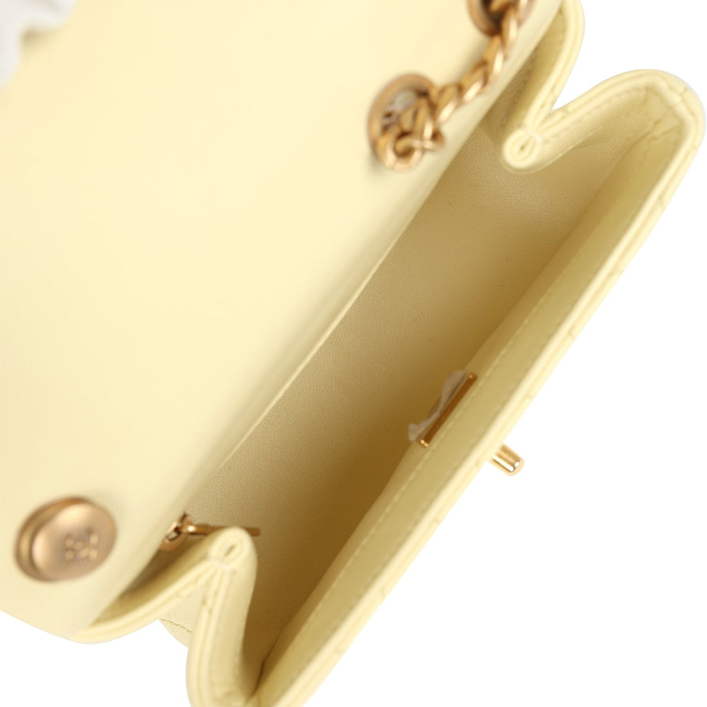Mini Camellia Crush Square Flap Yellow Lambskin Antique Gold Hardware