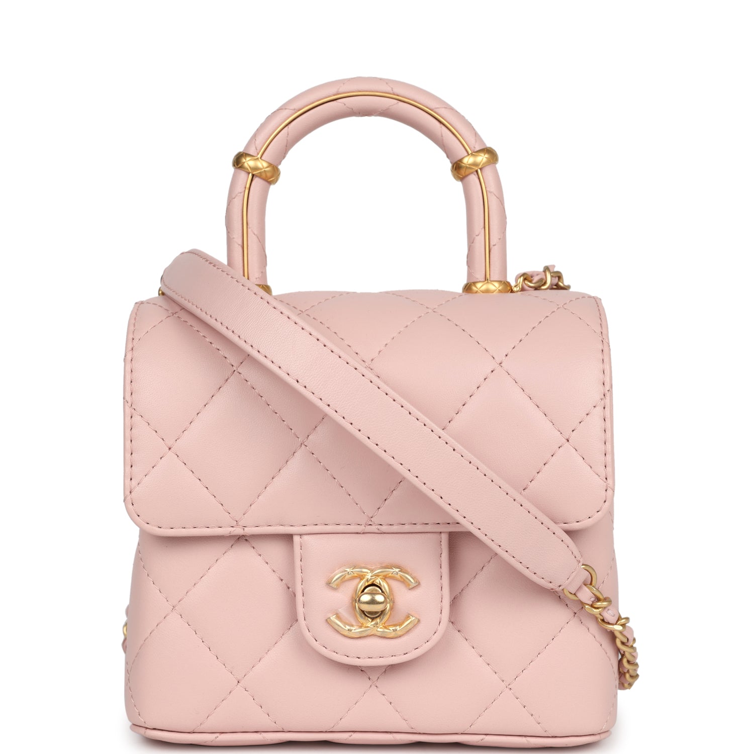 Mini Square Top Handle Flap Light Pink Lambskin Antique Gold Hardware