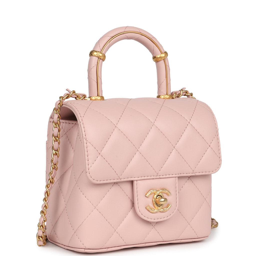 Mini Square Top Handle Flap Light Pink Lambskin Antique Gold Hardware