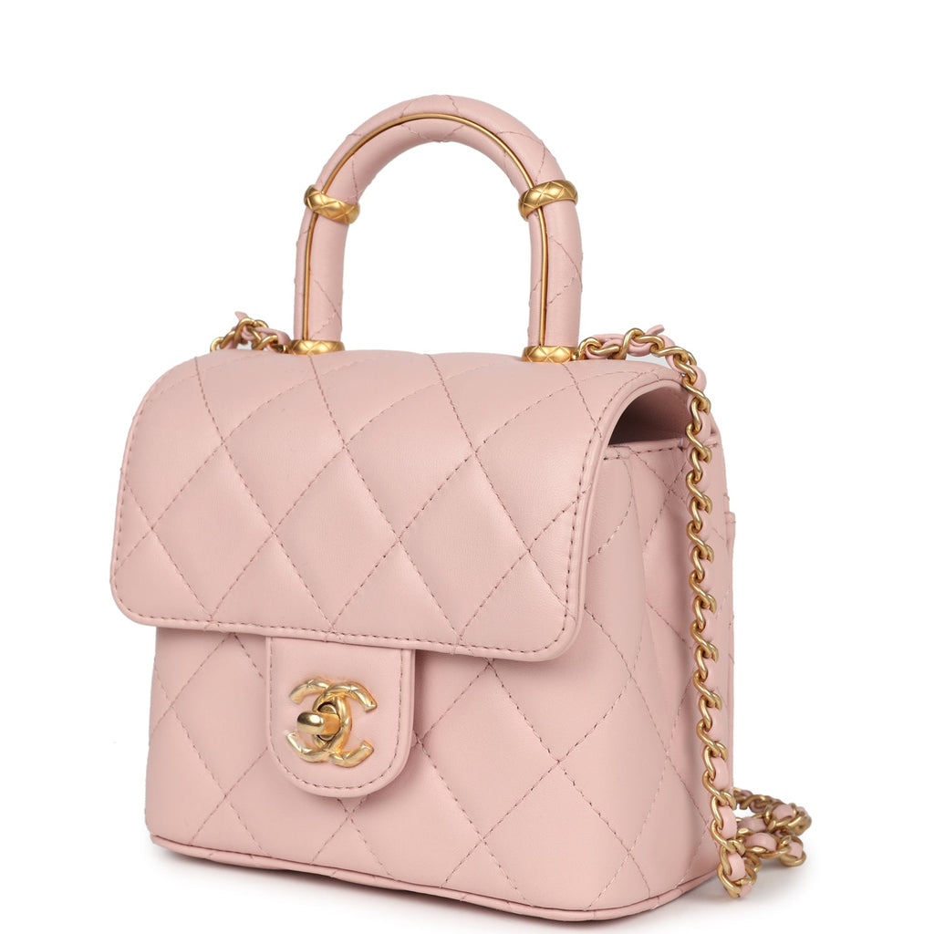 Mini Square Top Handle Flap Light Pink Lambskin Antique Gold Hardware