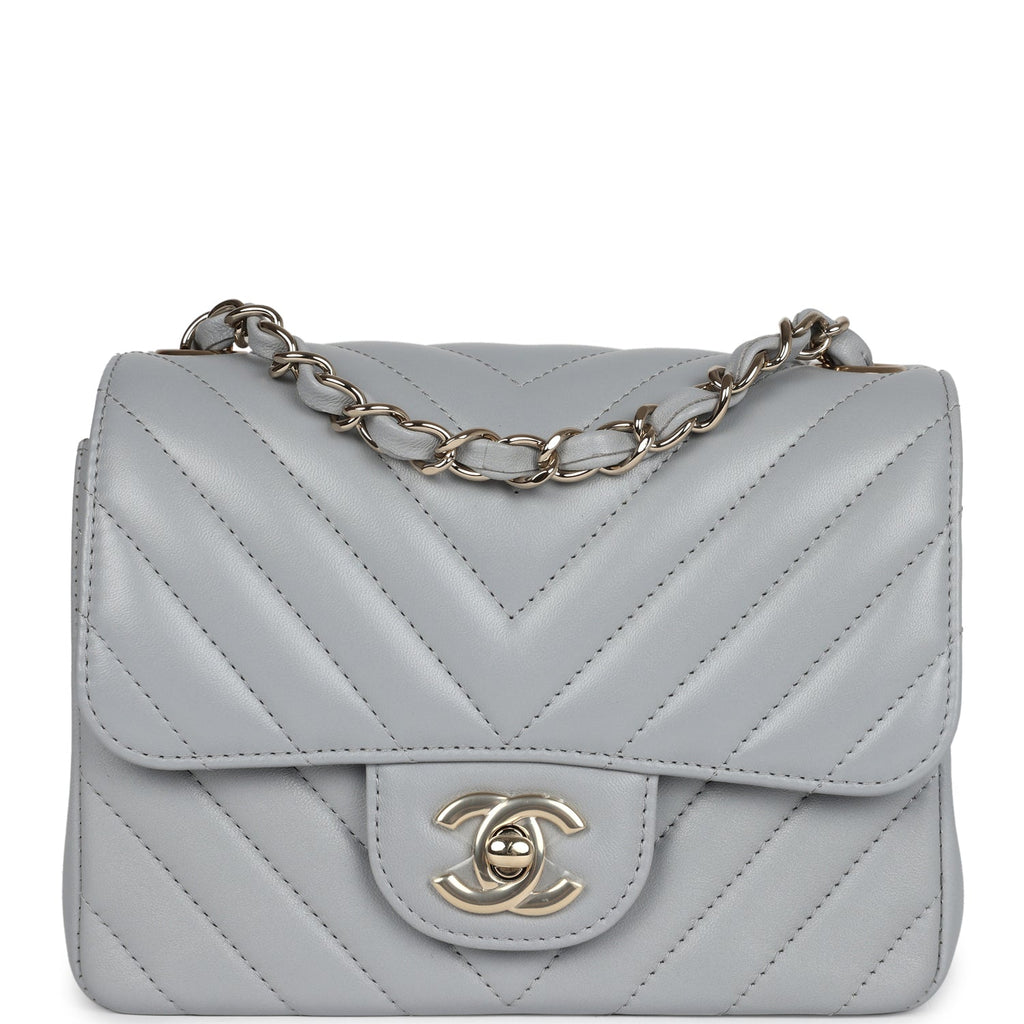 Mini Chevron Square Flap Bag Light Grey Lambskin Light Gold Hardware