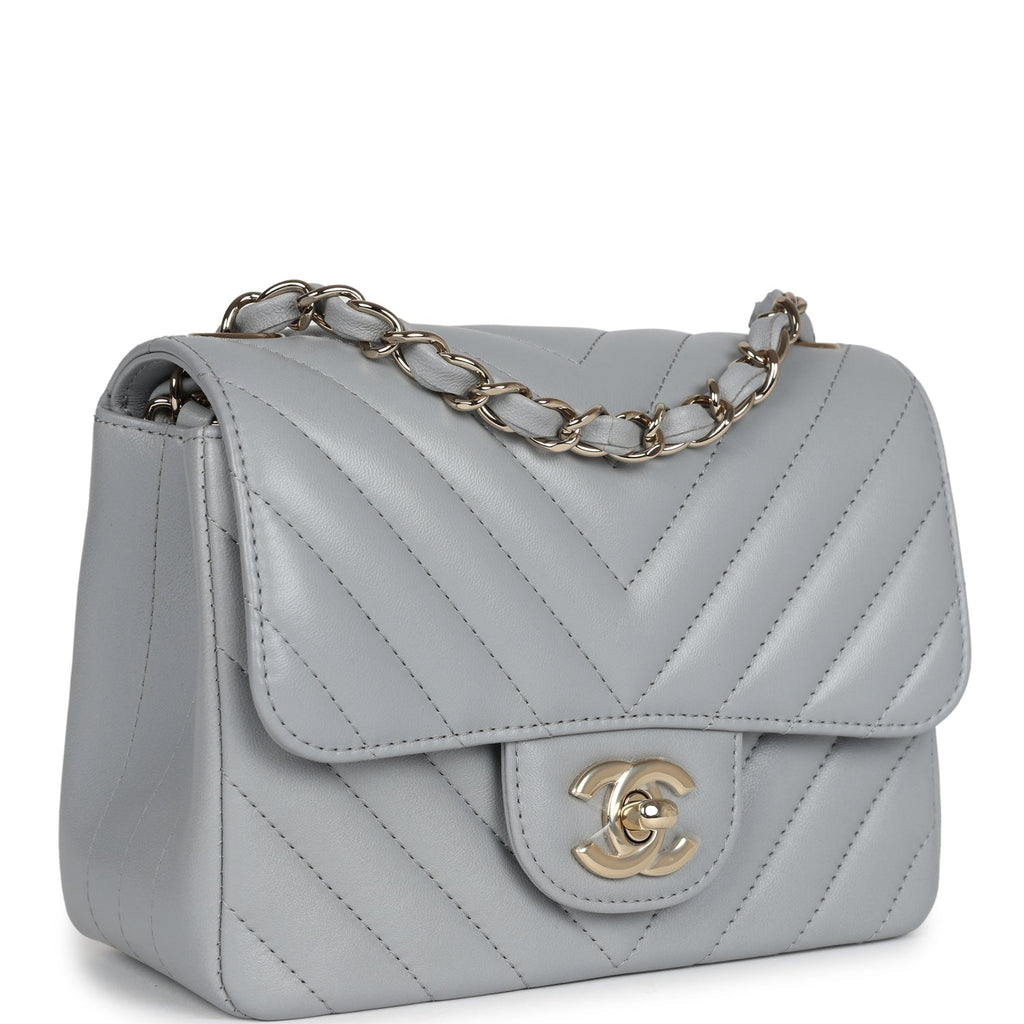 Mini Chevron Square Flap Bag Light Grey Lambskin Light Gold Hardware