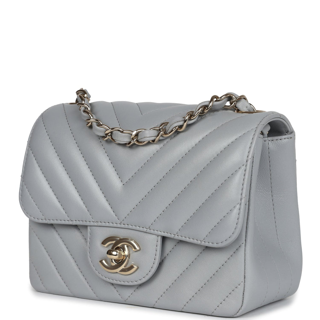 Mini Chevron Square Flap Bag Light Grey Lambskin Light Gold Hardware