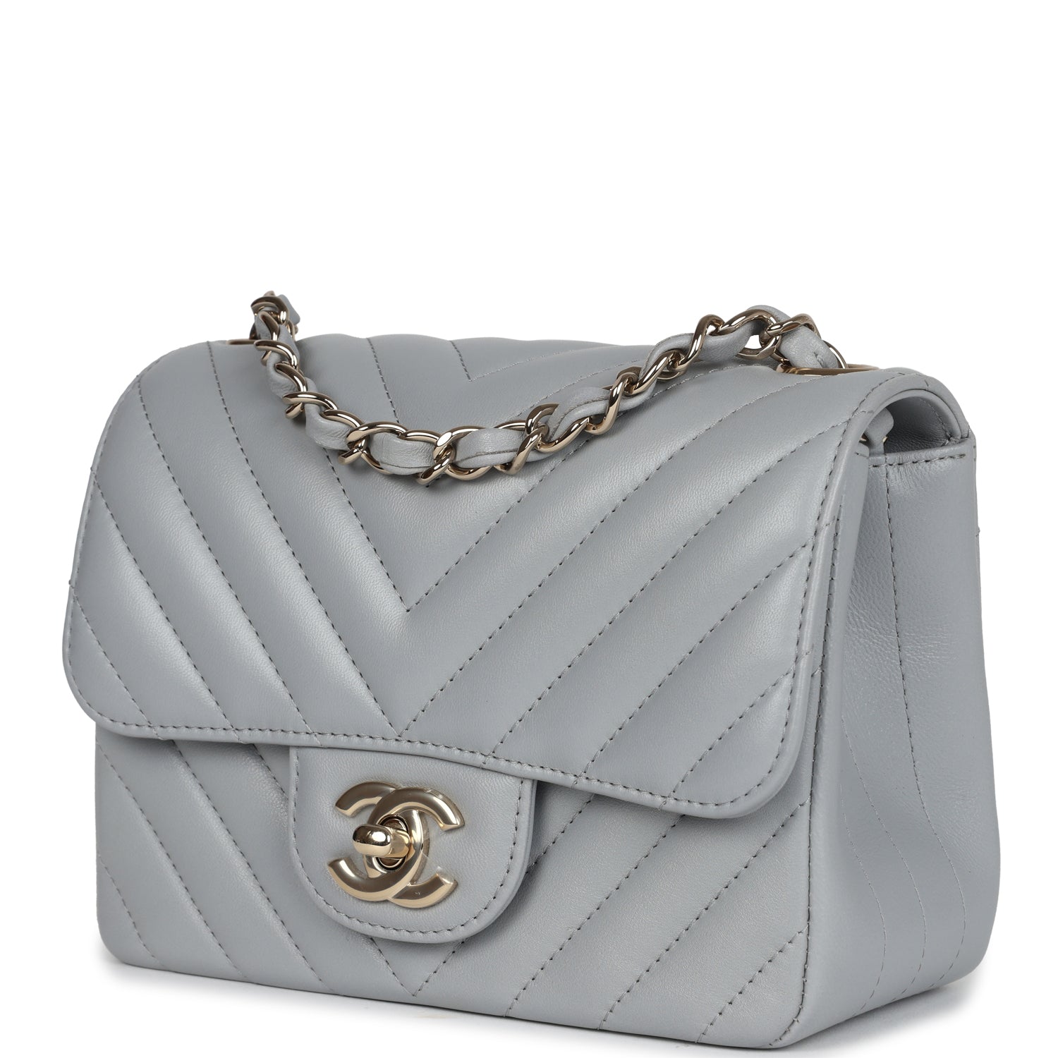Mini Chevron Square Flap Bag Light Grey Lambskin Light Gold Hardware