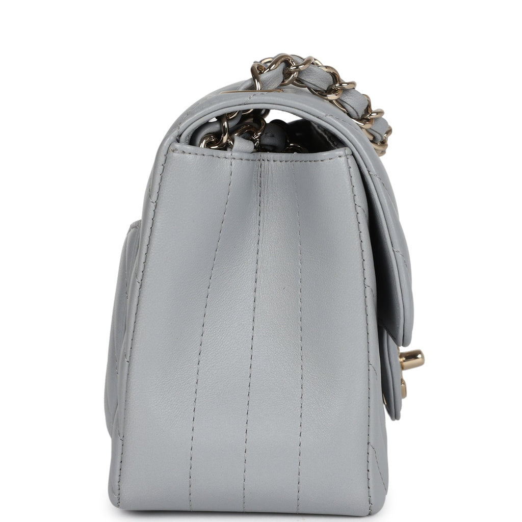 Mini Chevron Square Flap Bag Light Grey Lambskin Light Gold Hardware