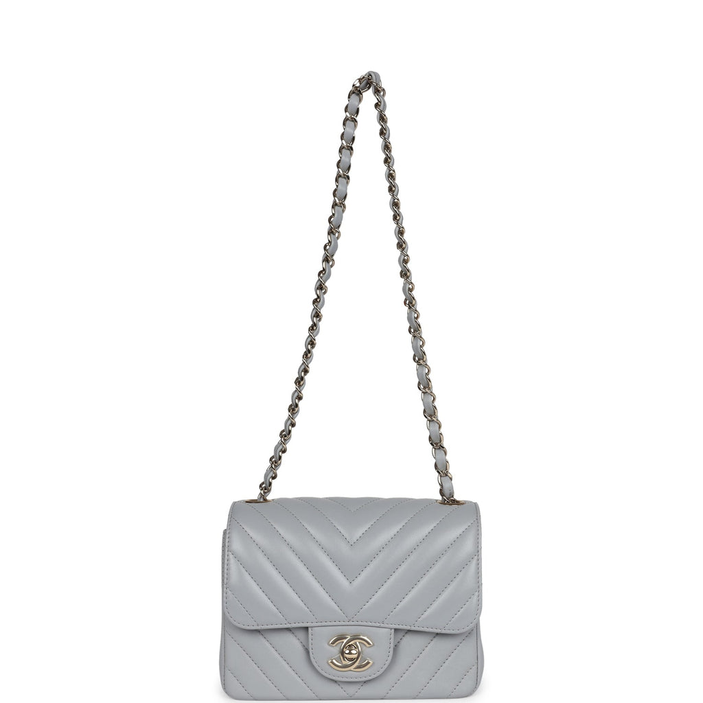 Mini Chevron Square Flap Bag Light Grey Lambskin Light Gold Hardware