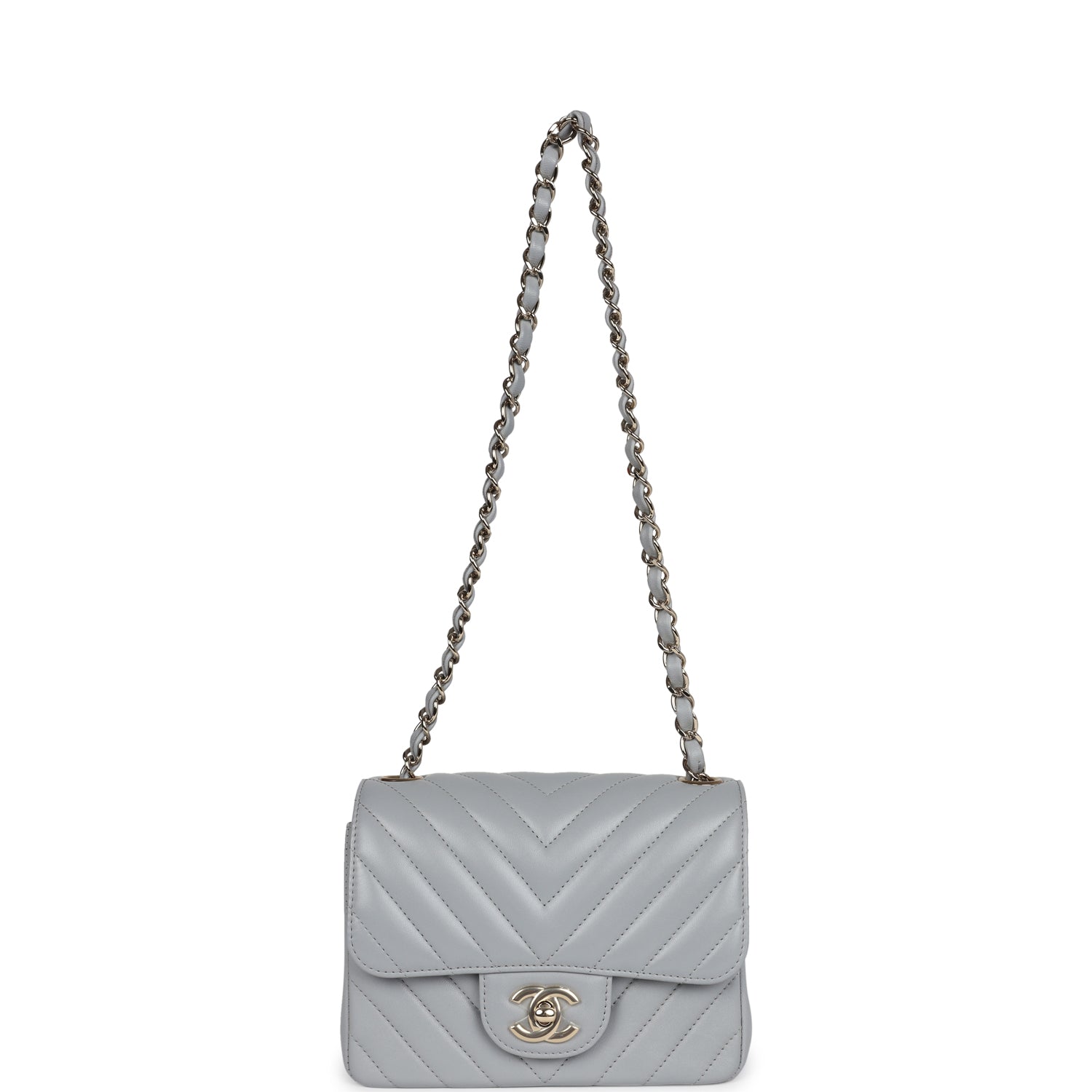 Mini Chevron Square Flap Bag Light Grey Lambskin Light Gold Hardware