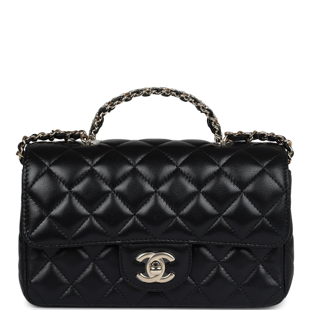 Mini Rectangular Crystal Top Handle Flap Bag Black Lambskin Light Gold Hardware