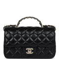 Mini Rectangular Crystal Top Handle Flap Bag Black Lambskin Light Gold Hardware