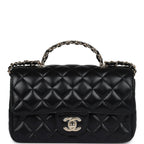 Mini Rectangular Crystal Top Handle Flap Bag Black Lambskin Light Gold Hardware