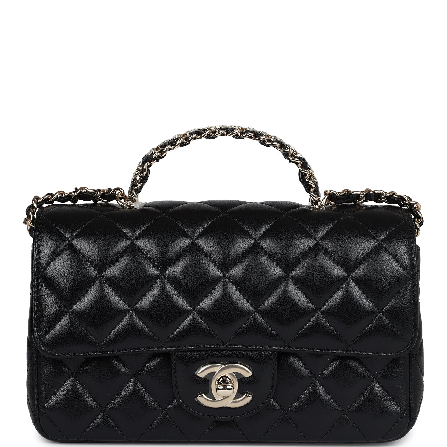 Mini Rectangular Crystal Top Handle Flap Bag Black Lambskin Light Gold Hardware