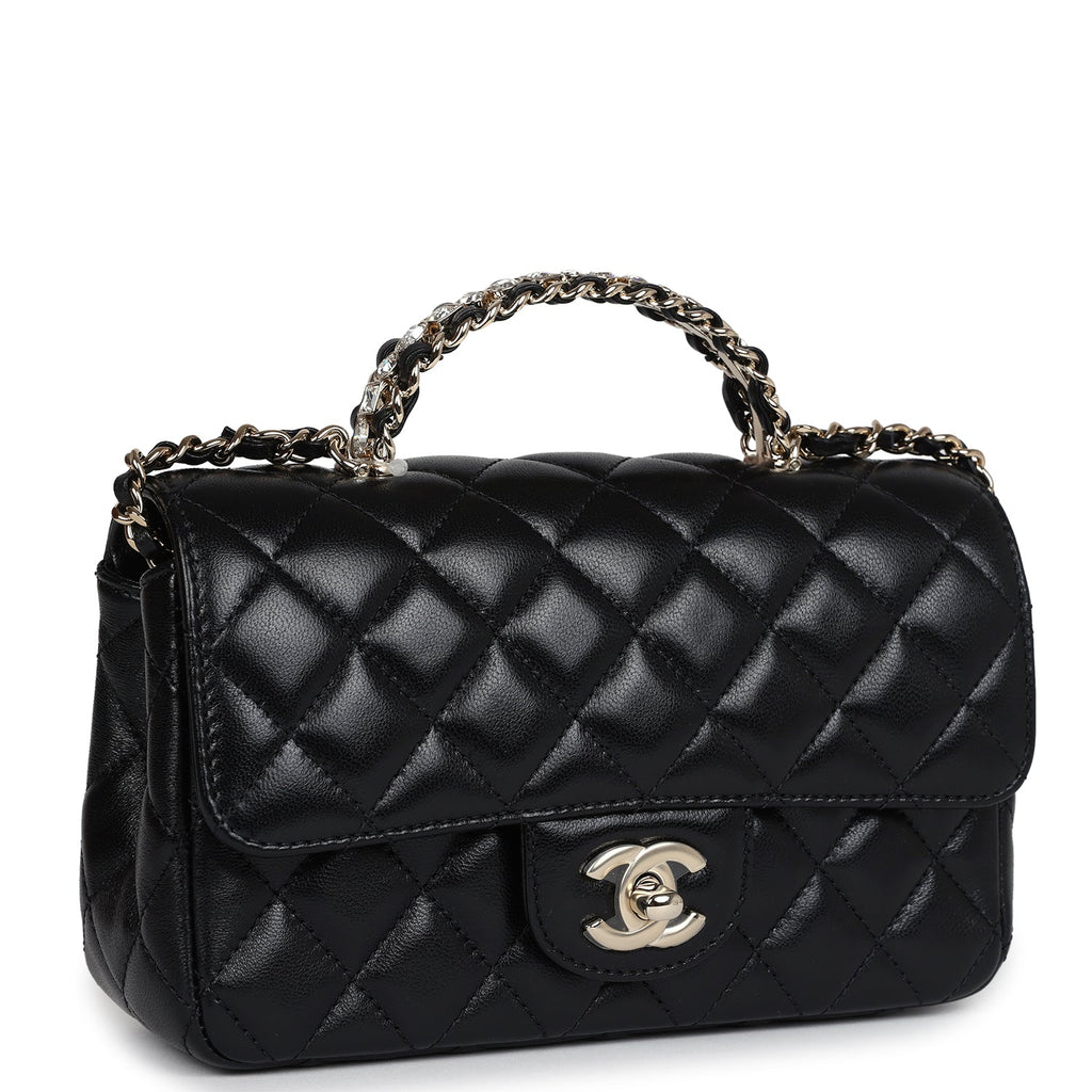 Mini Rectangular Crystal Top Handle Flap Bag Black Lambskin Light Gold Hardware
