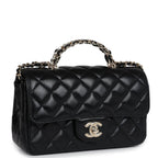 Mini Rectangular Crystal Top Handle Flap Bag Black Lambskin Light Gold Hardware