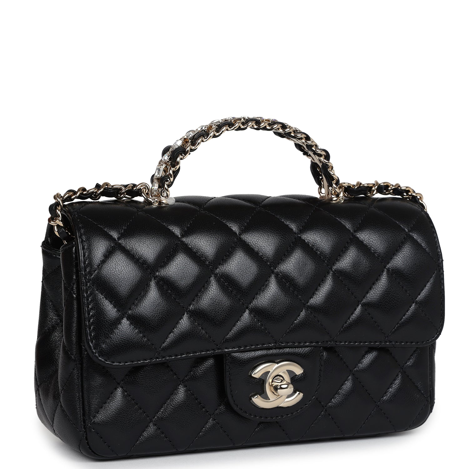 Mini Rectangular Crystal Top Handle Flap Bag Black Lambskin Light Gold Hardware
